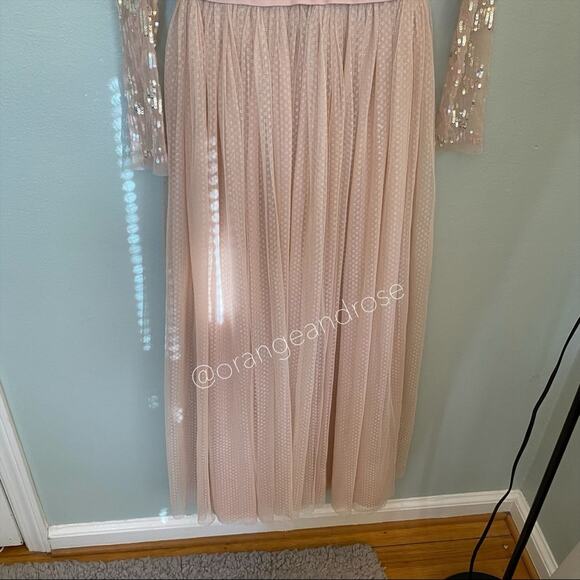 Needle & Thread Blush Pink Sequin Long Sleeve mesh Open Back Tulle Maxi Gown 6 - Picture 10 of 16